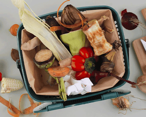 bioseau avec sac kraft rempli de déchets alimentaire